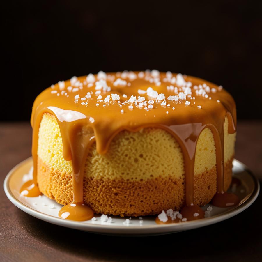 Golden cake with salted caramel dripping over the edges