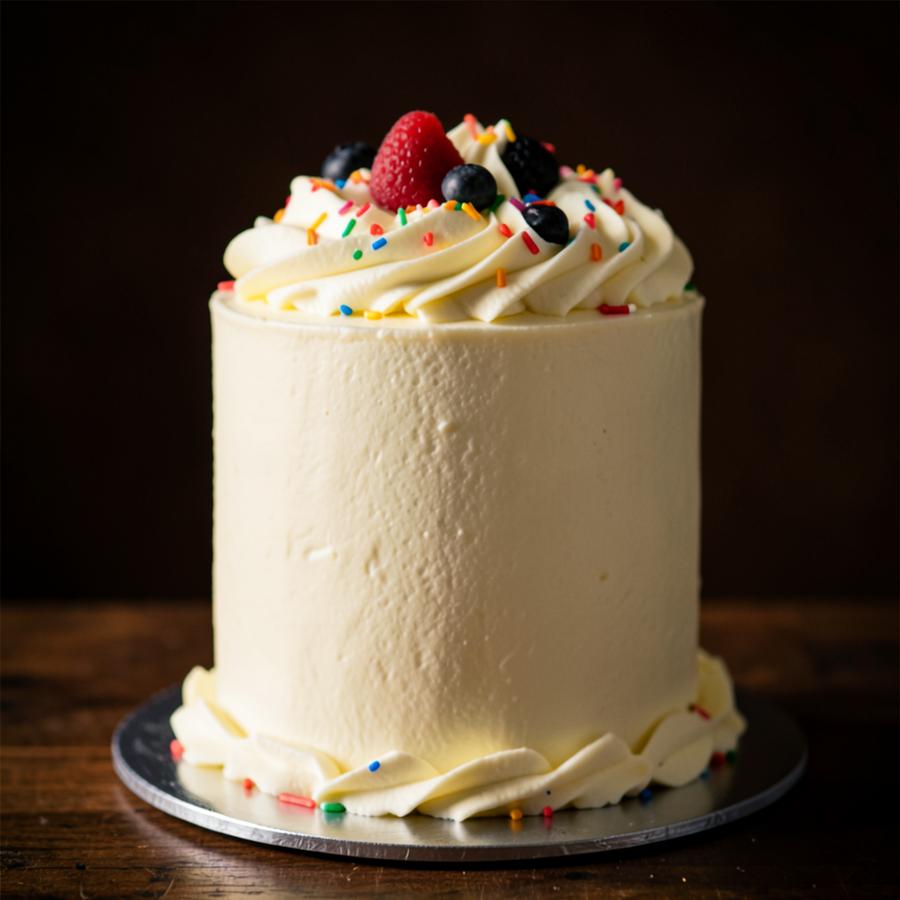 Elegant vanilla celebration cake with swirled frosting and sprinkles