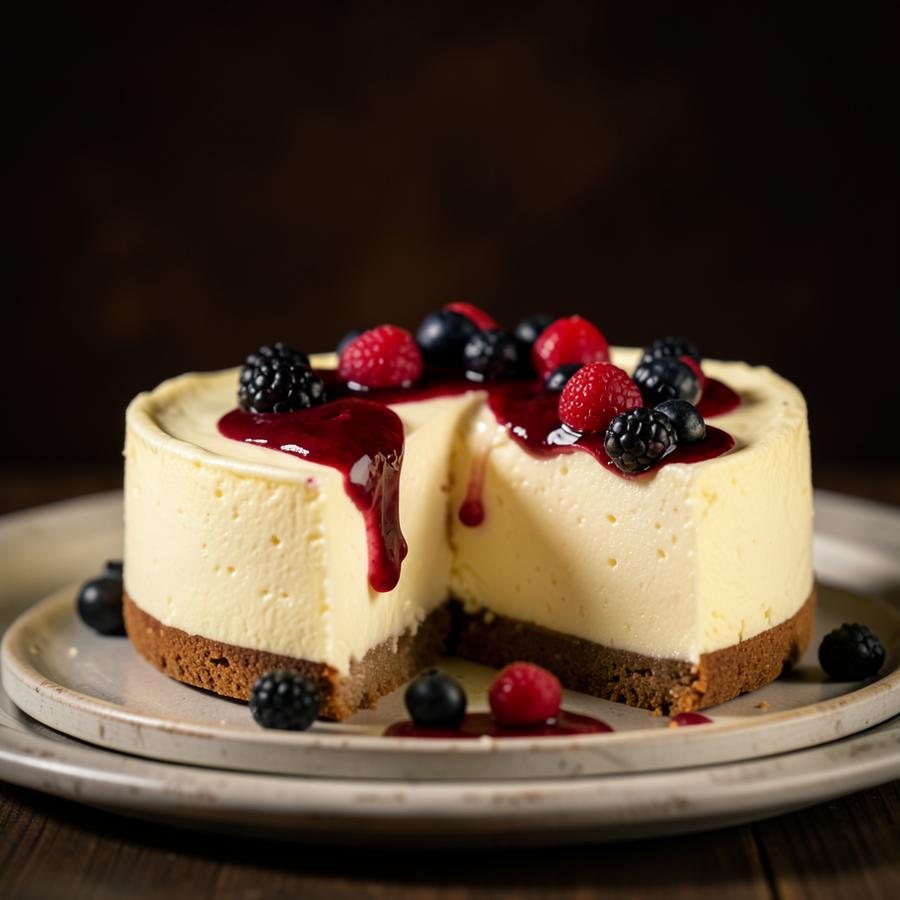 Thick creamy New York style cheesecake topped with fresh berries