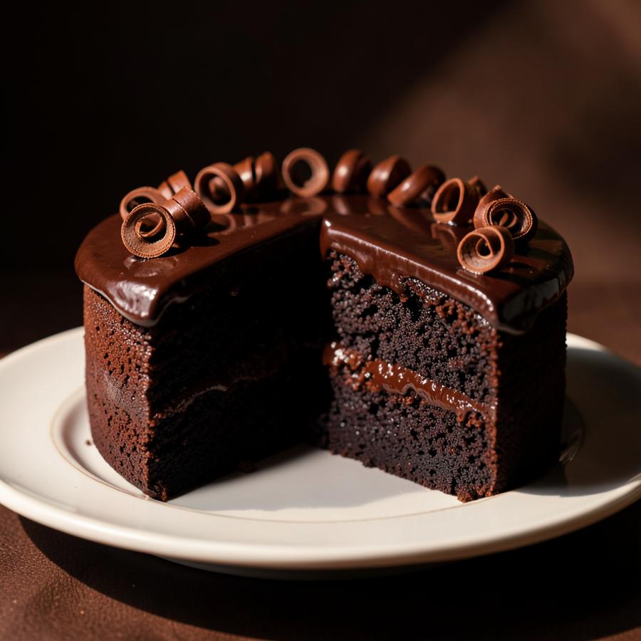 Dark chocolate layer cake with glossy ganache and chocolate curls