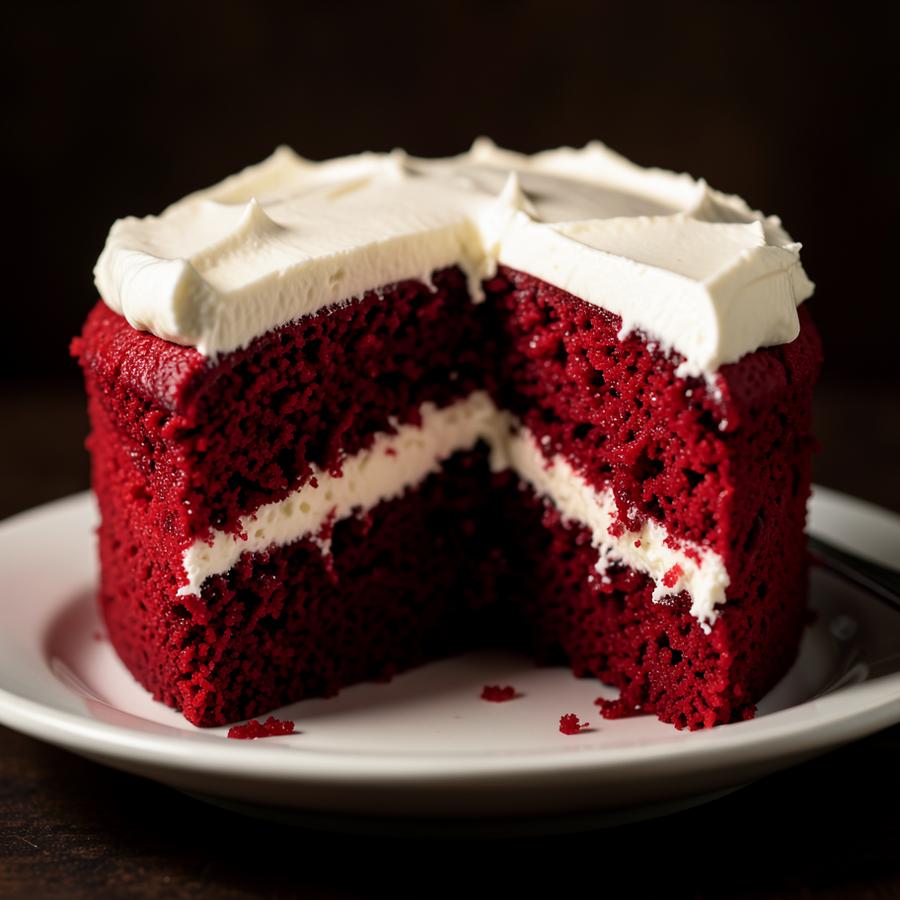 Red velvet cake with deep red layers and cream cheese frosting