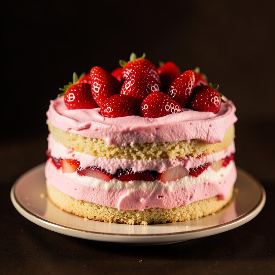 Layered strawberry cake with pink cream and fresh strawberries