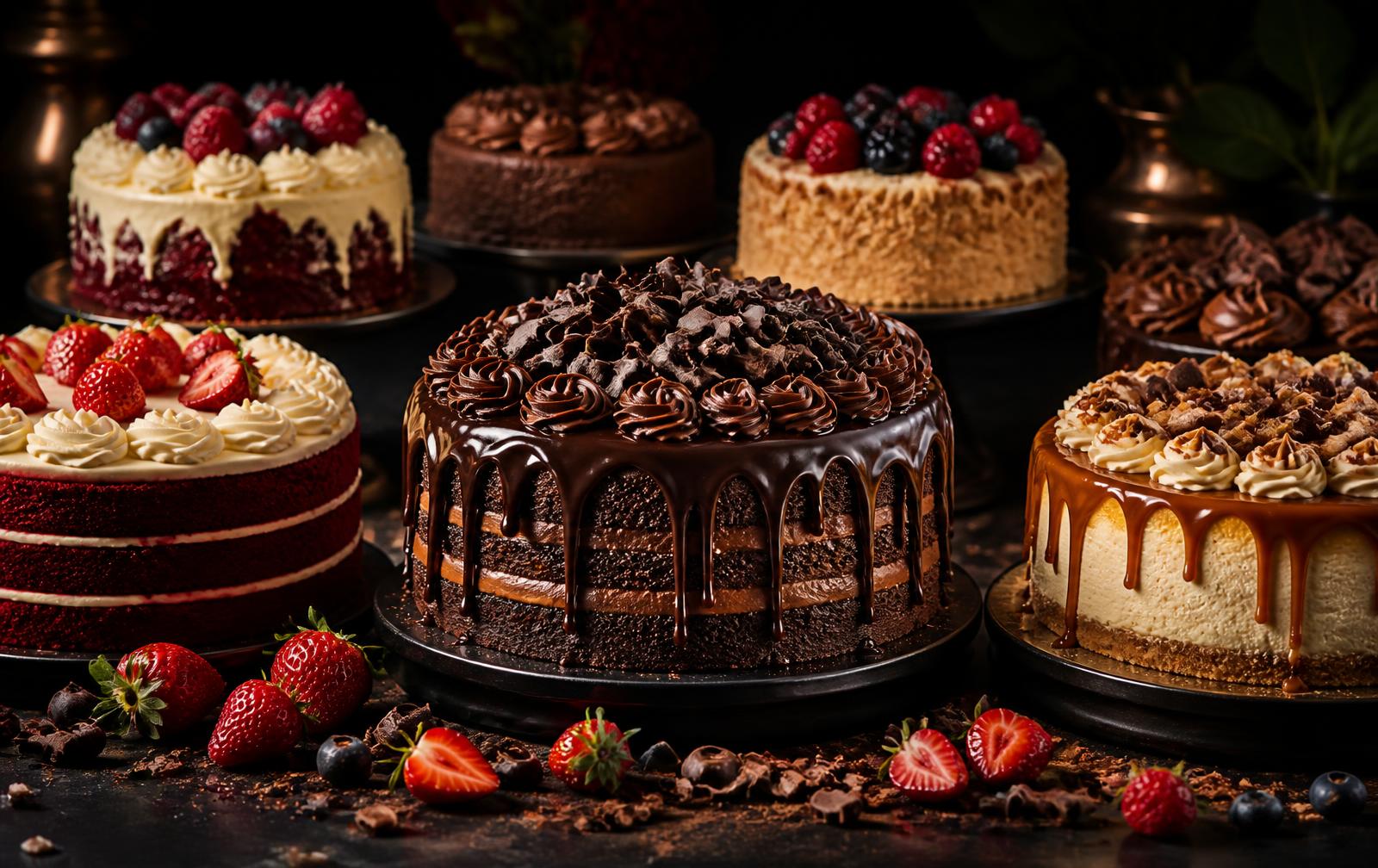 Cinematic dessert table with a chocolate layer cake, red velvet cake, caramel cheesecake and berries