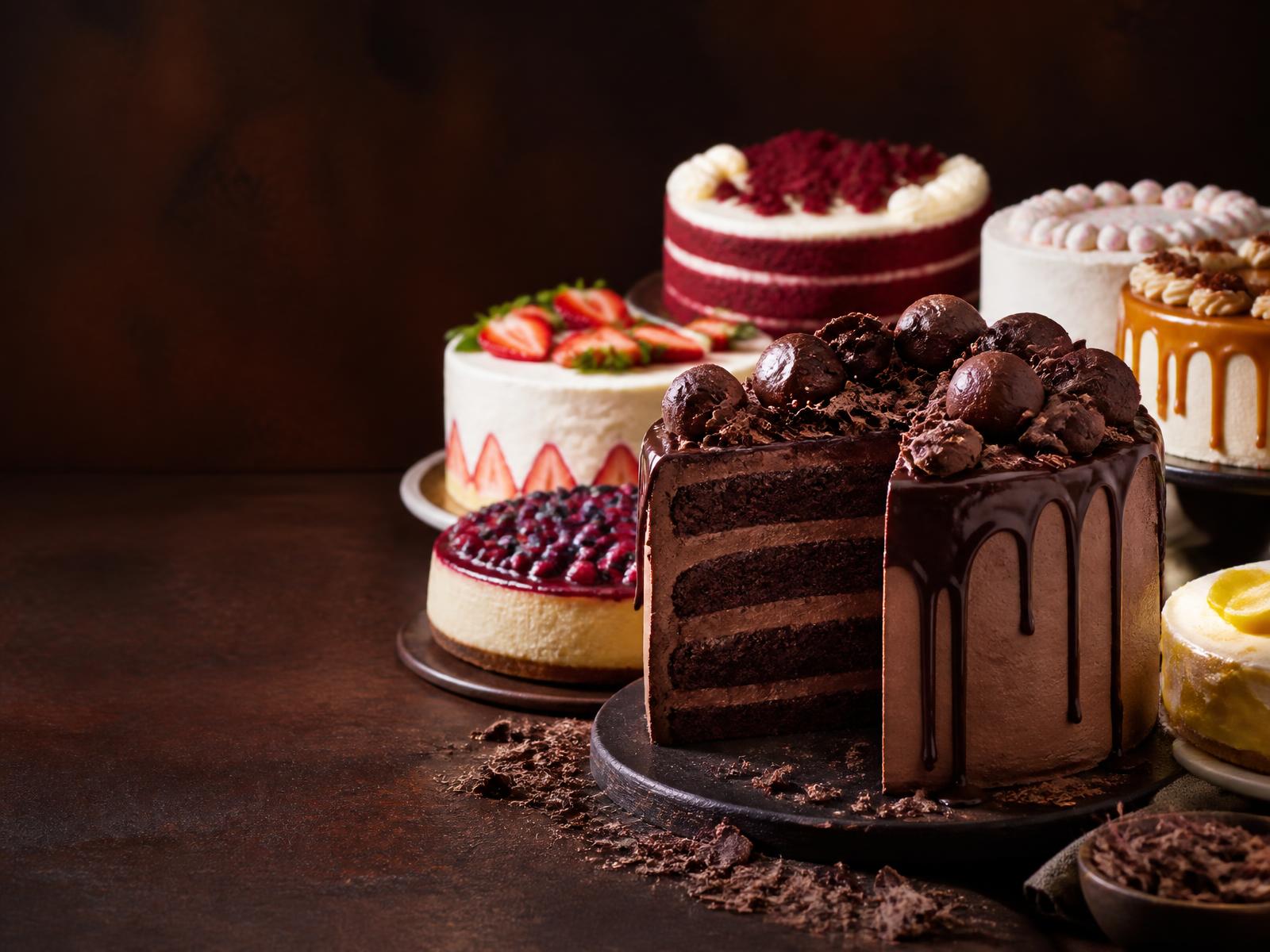 Chocolate fudge layer cake with ganache surrounded by strawberry, red velvet, cheesecake and caramel cakes