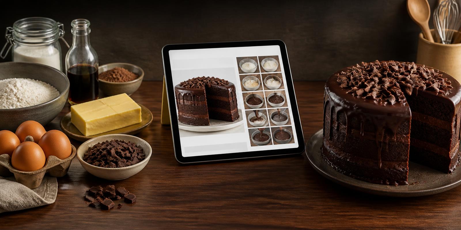 Everyday baking ingredients, a tablet showing recipe steps, and a finished chocolate layer cake