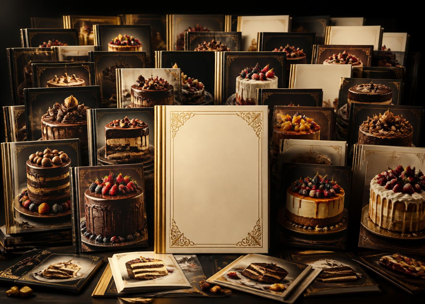 Dozens of overlapping cake cookbook covers and recipe cards with a blank cream and gold cover at the front