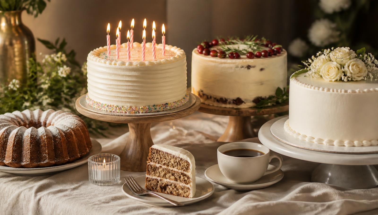 Dessert table with a birthday cake, holiday cake, anniversary cake, bundt cake and a slice with coffee