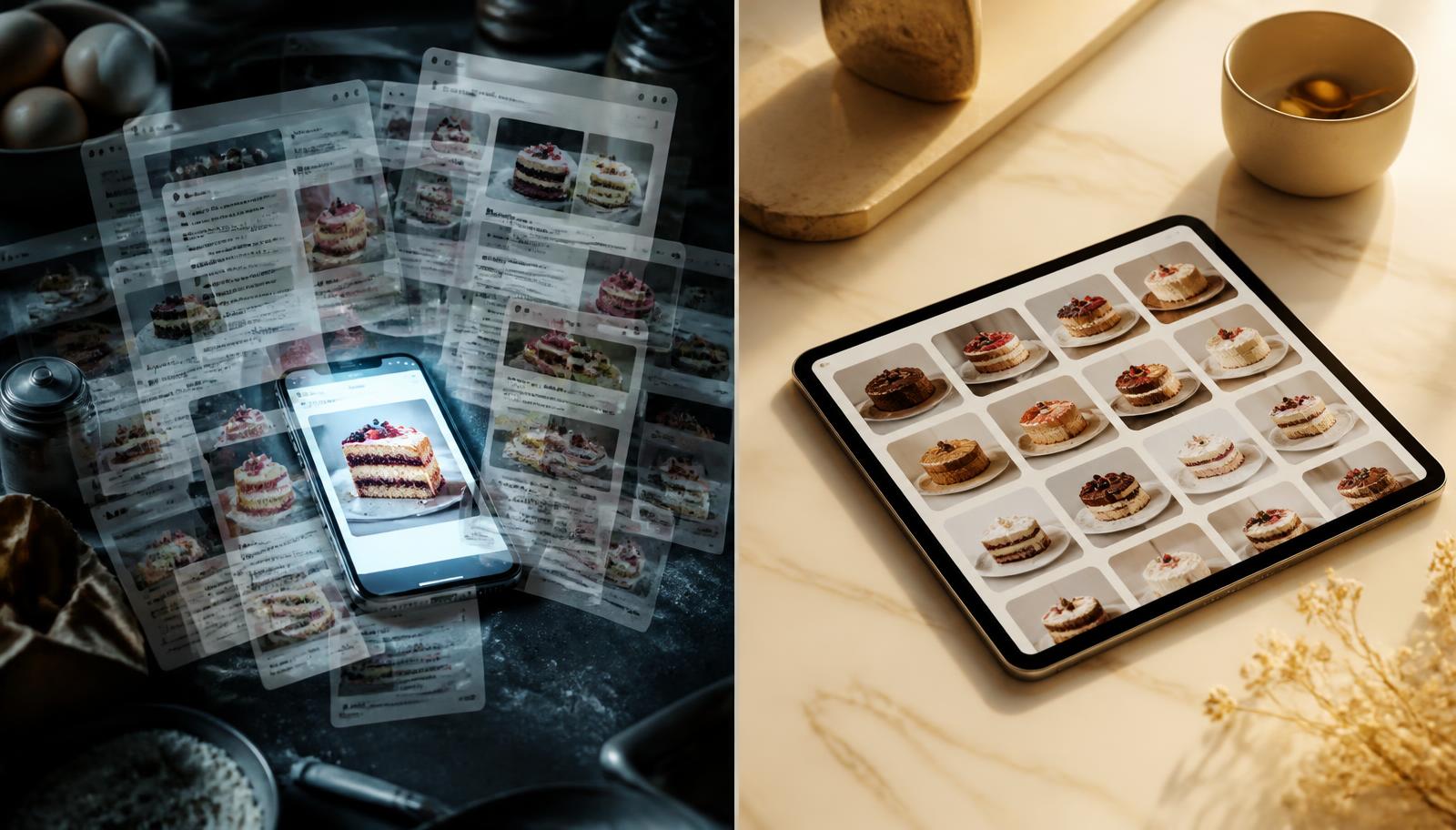Left: a phone buried under dozens of recipe search results. Right: a tablet showing one organized cake recipe library.