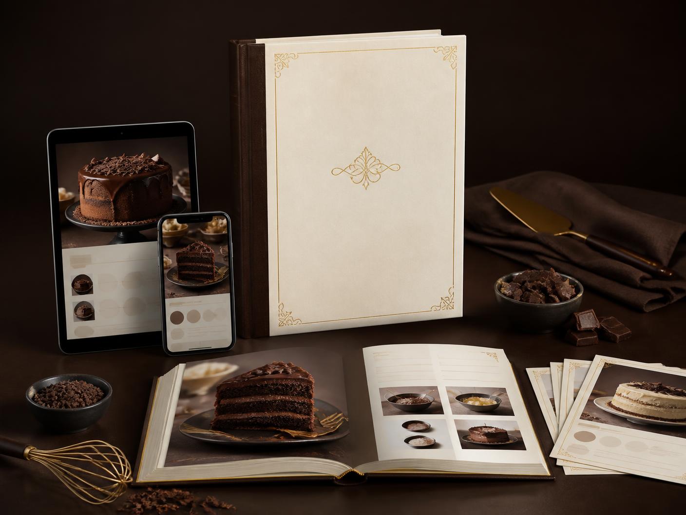 Premium cake recipe collection shown as a cookbook, tablet, smartphone, open recipe spread and recipe cards
